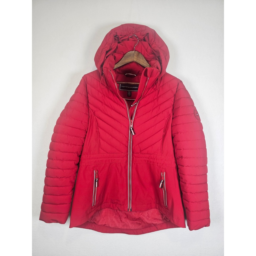 Classic Tommy Hilfiger Puffer Jacket Women Small Red Hooded Chevron TW3CA226